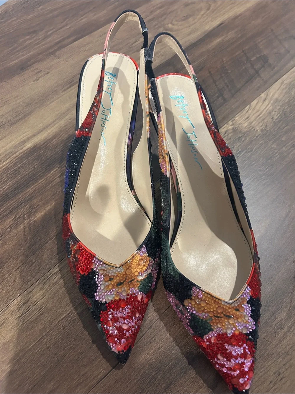 Betsey Johnson Multicolor Floral Beaded Slingback Heels